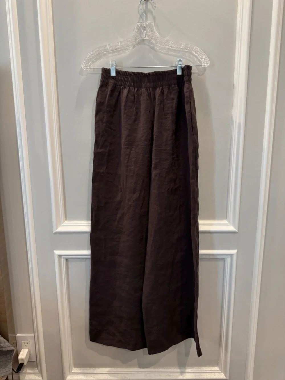Zara Dark Brown Flowy Wide Leg Linen Pants Pull On Smocked Waist Size XS